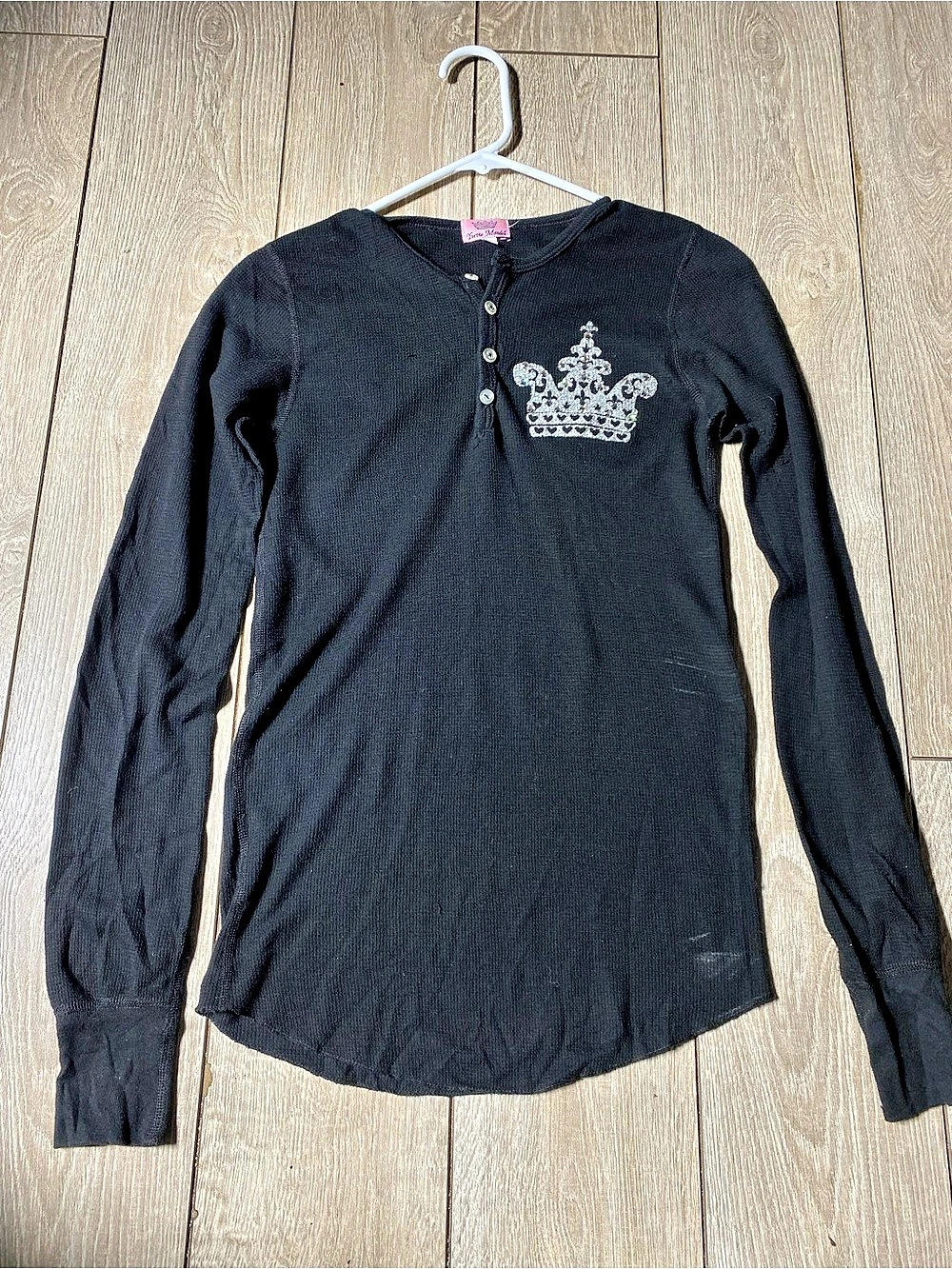 Yvette Mandell Black Crown Henley Sz Small Embellished Rhinestones Thermal Y2K